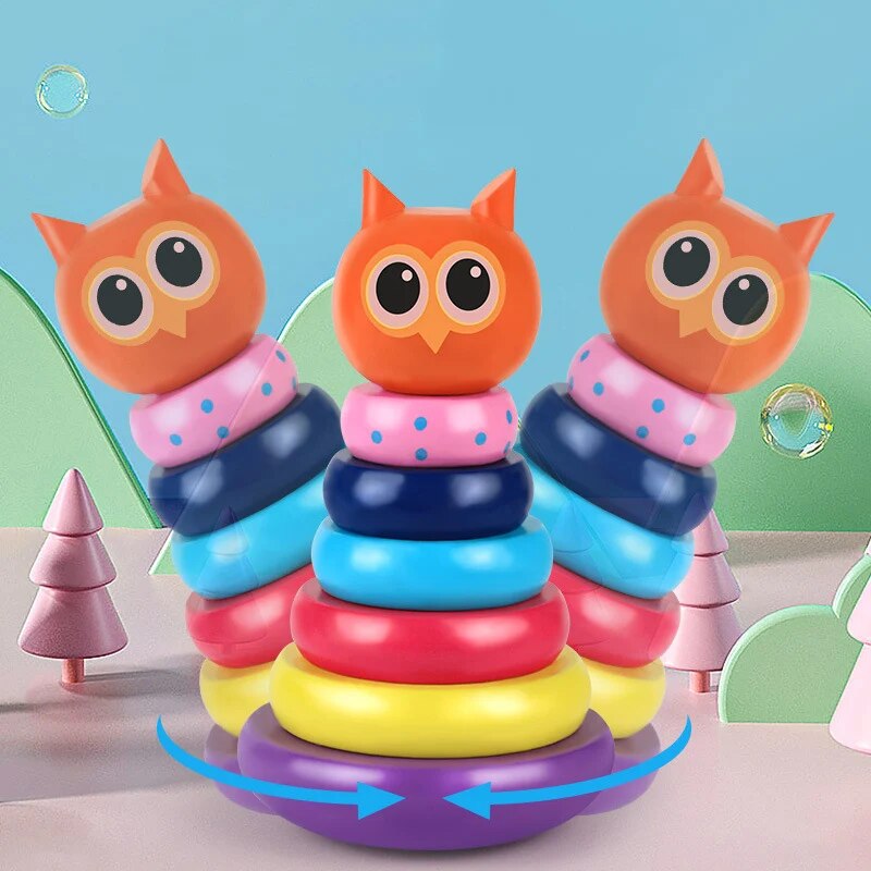 Wooden Rainbow Stacking Ring Tower - Hippo/Owl