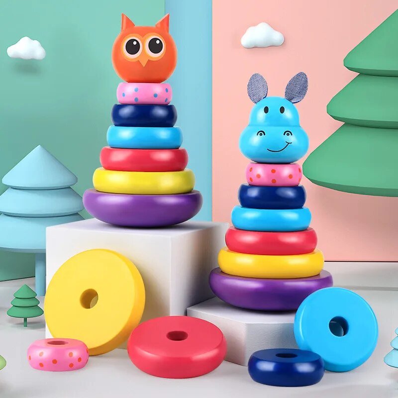 Wooden Rainbow Stacking Ring Tower - Hippo/Owl