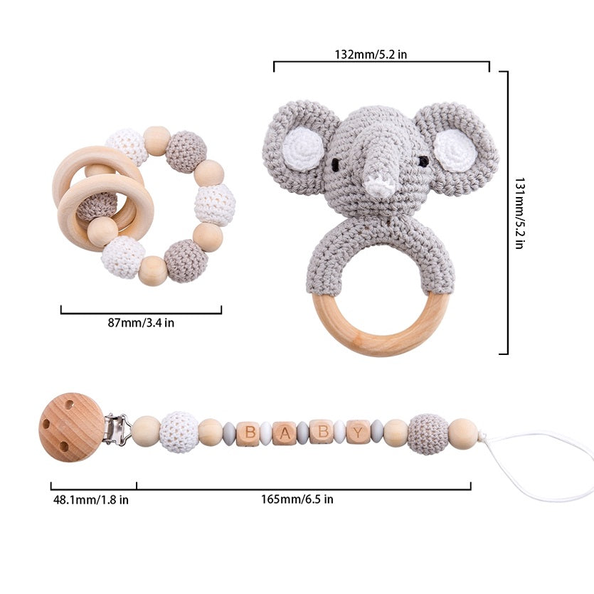 Wooden Crochet Baby Teether Set - Elephant