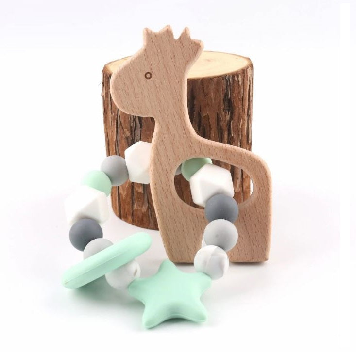 Beech Wood Silicone Animal Teething Ring (4 colours available)