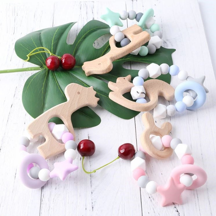 Beech Wood Silicone Animal Teething Ring (4 colours available)