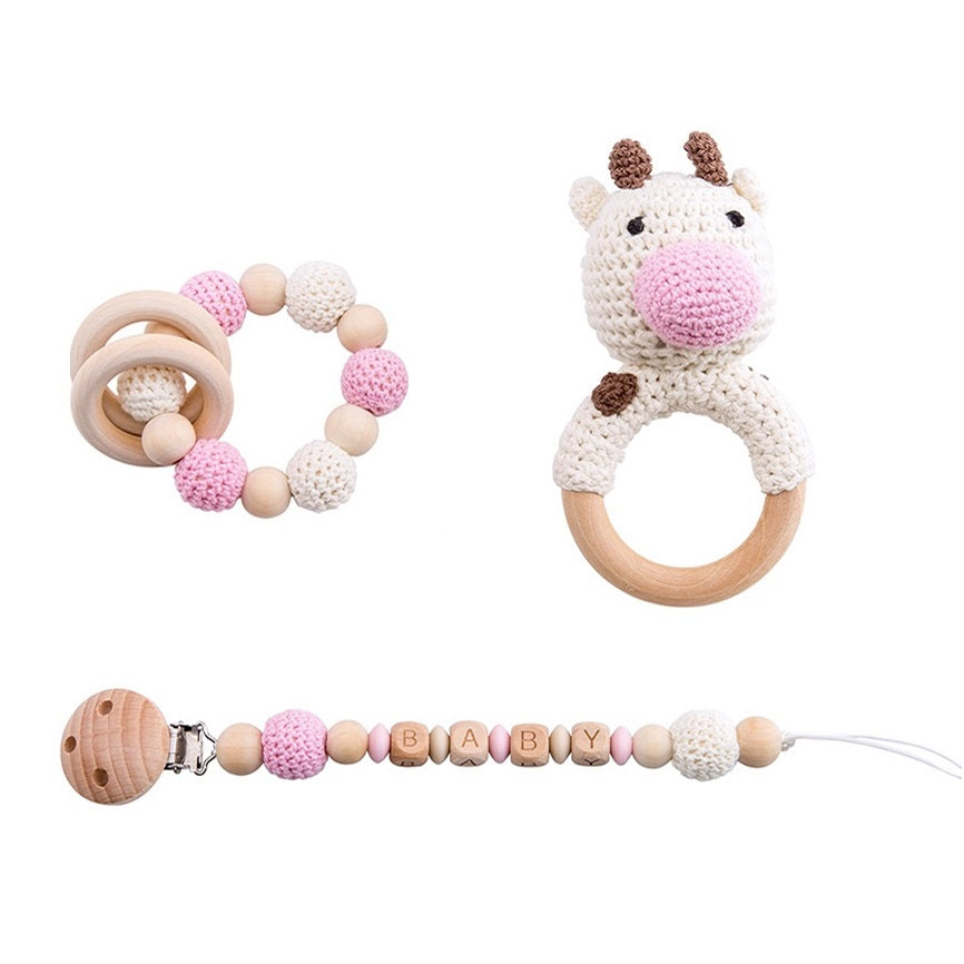 Wooden Crochet Baby Teether Set - Cow