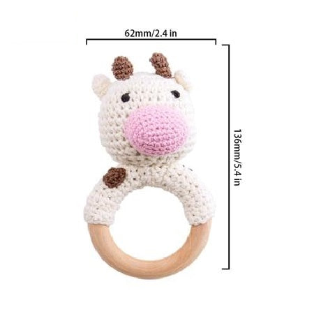 Wooden Crochet Baby Teether Set - Cow