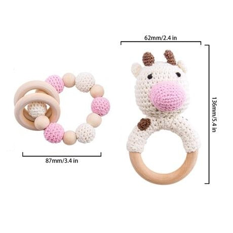 Wooden Crochet Baby Teether Set - Cow