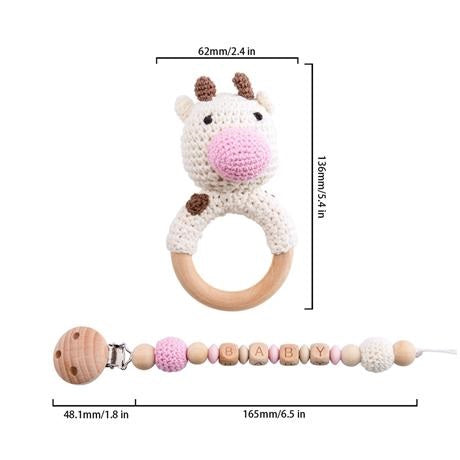 Wooden Crochet Baby Teether Set - Cow