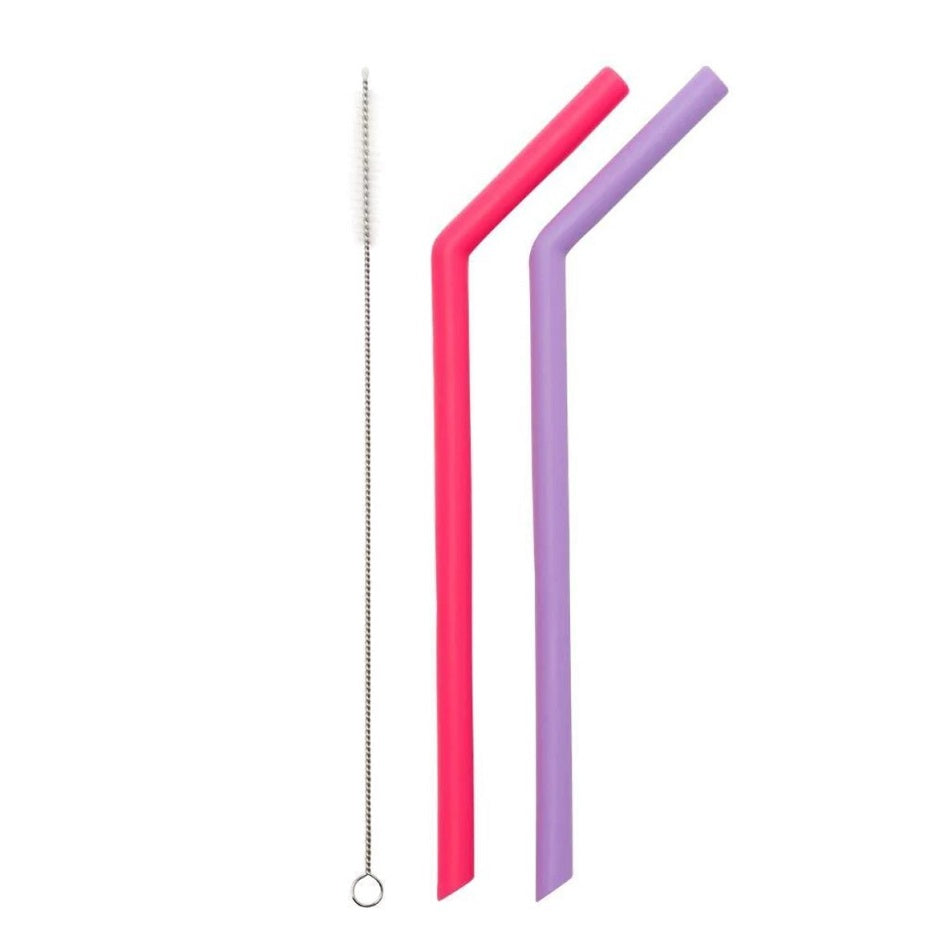 Little Mashies - Reusable Soft Silicone Straws + Brush - Pink/Purple 2pack