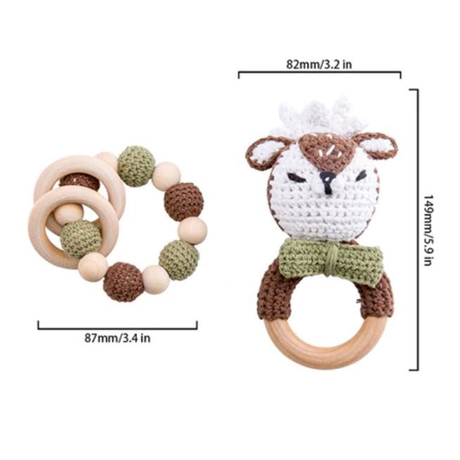 Wooden Crochet Baby Teether Set - Deer