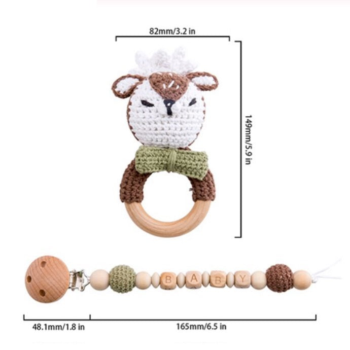 Wooden Crochet Baby Teether Set - Deer