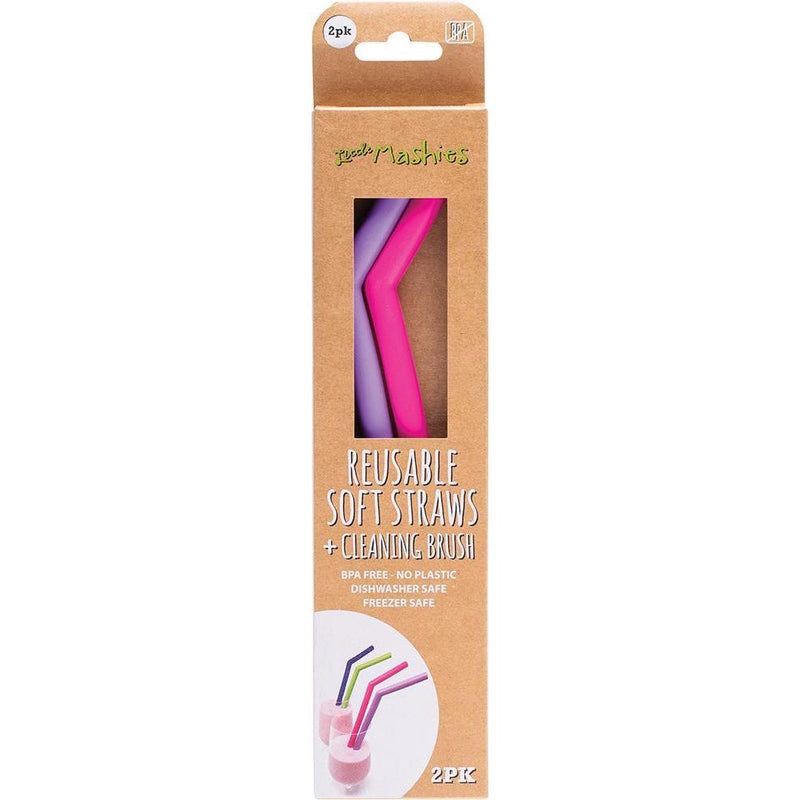 Little Mashies - Reusable Soft Silicone Straws + Brush - Pink/Purple 2pack
